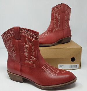 Women's Red Western Cowboy Ankle Boots Leather Zip Booties Size 8.5 M
